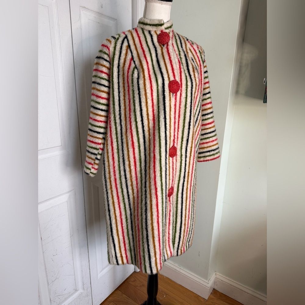 1960s Multi-colored Mod Hudson Bay Style Striped Coat with Statement Buttons